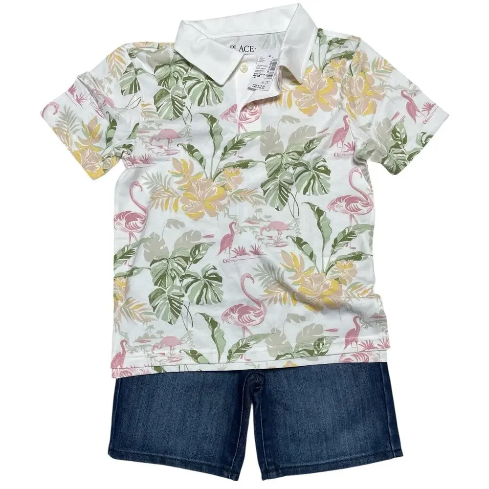 The Children's Place Tropical Print White Polo Top size 7/8 New